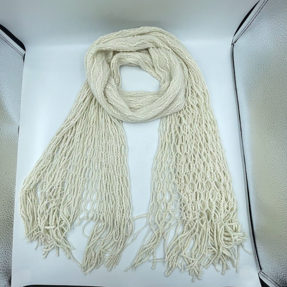 Unisex Crochet Fringe Scarf Beige 76 in x 9 In